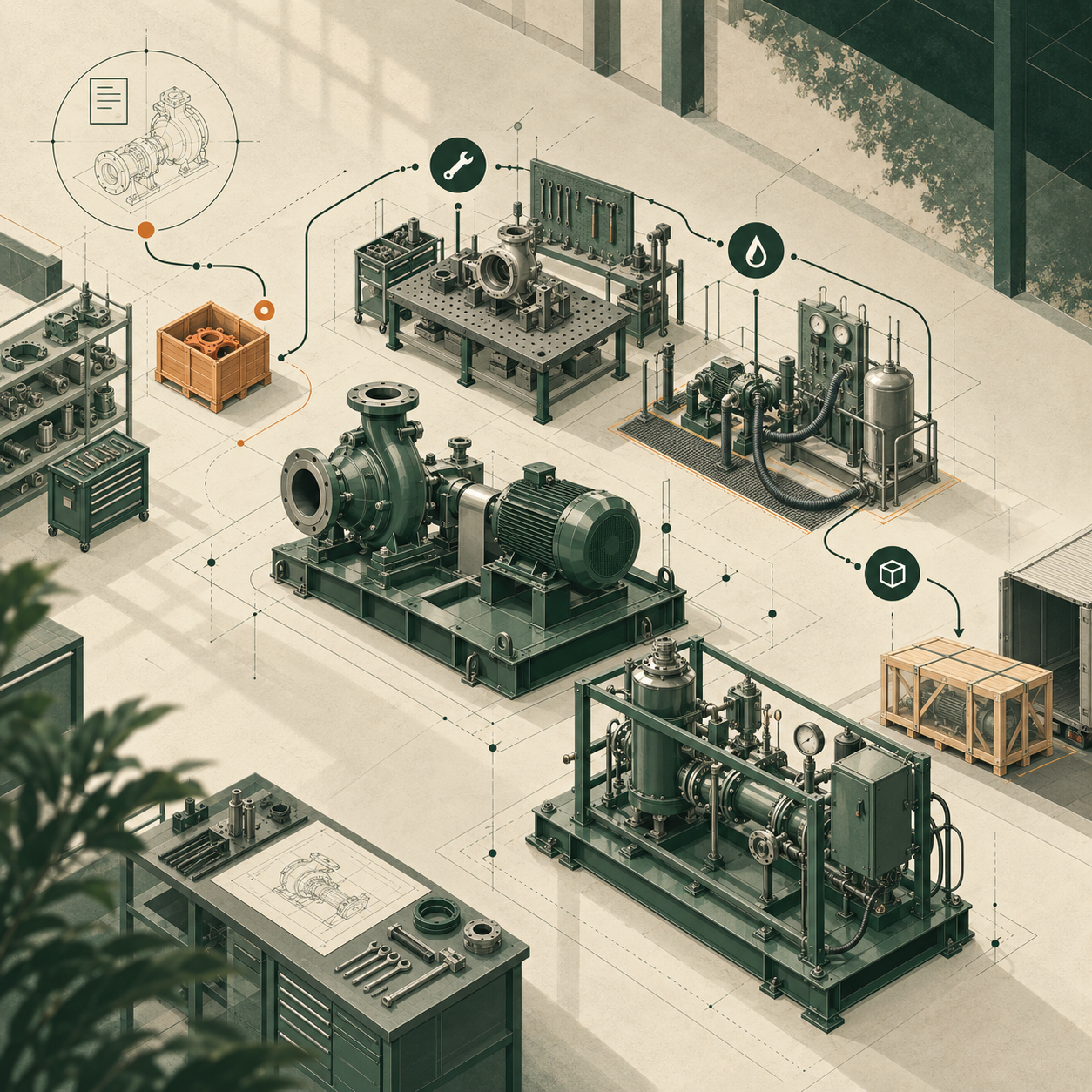 Industrial pump assembly with connected order dependencies