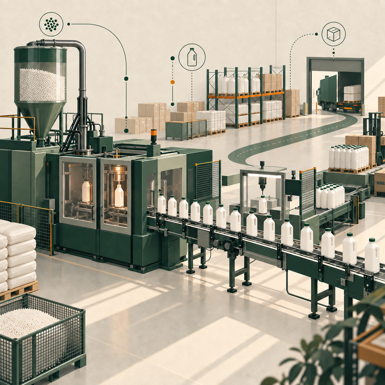Packaging production line with connected operations